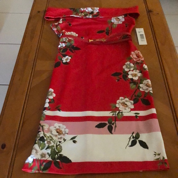 NWT Sharagano off shoulder floral dress with belt - Picture 3 of 8